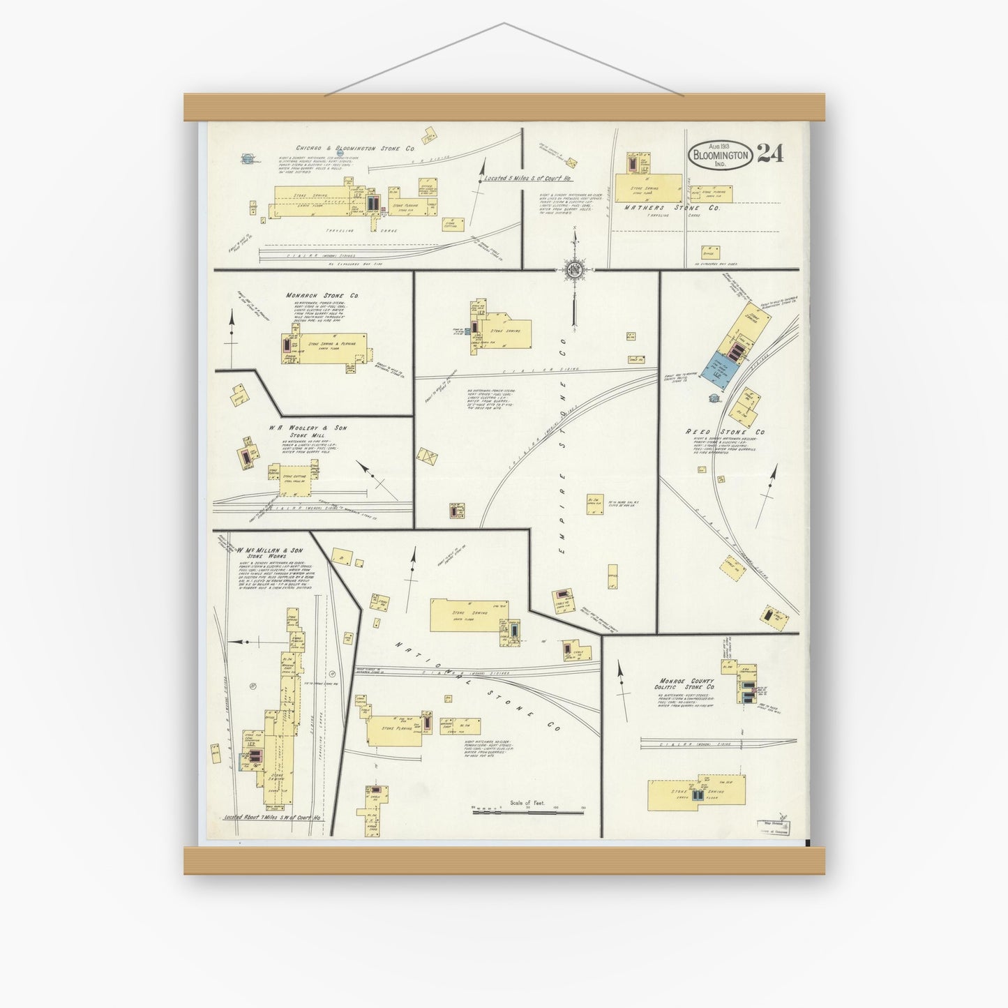 Old map wall art mockup — magnetic wood frame on white wall — Sanborn Fire Insurance Map from Bloomington, Monroe County, Indiana (1913), Sheet #0024