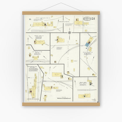 Old map wall art mockup — magnetic wood frame on white wall — Sanborn Fire Insurance Map from Bloomington, Monroe County, Indiana (1913), Sheet #0024