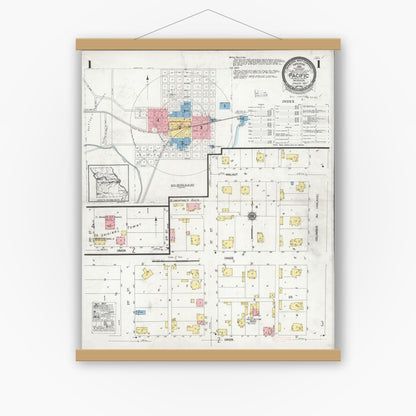 Old map wall art mockup — magnetic wood frame on white wall — Sanborn Fire Insurance Map from Pacific, Franklin County, Missouri (1929), Sheet #0001