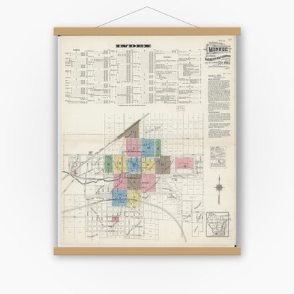 Old map wall art mockup — magnetic wood frame on white wall — Sanborn Fire Insurance Map from Monroe, Green County, Wisconsin (1915) - Complete Map Set