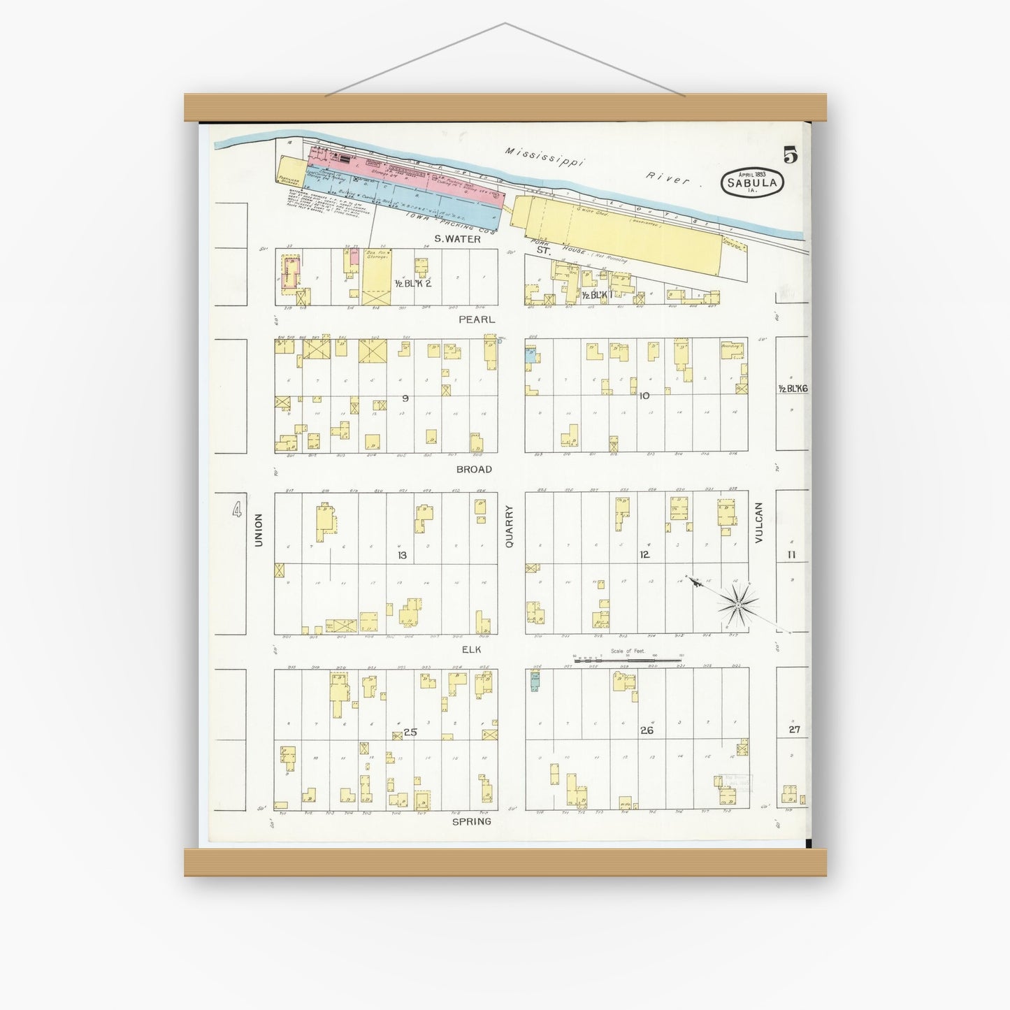 Old map wall art mockup — magnetic wood frame on white wall — Sanborn Fire Insurance Map from Sabula, Jackson County, Iowa (1893), Sheet #0005