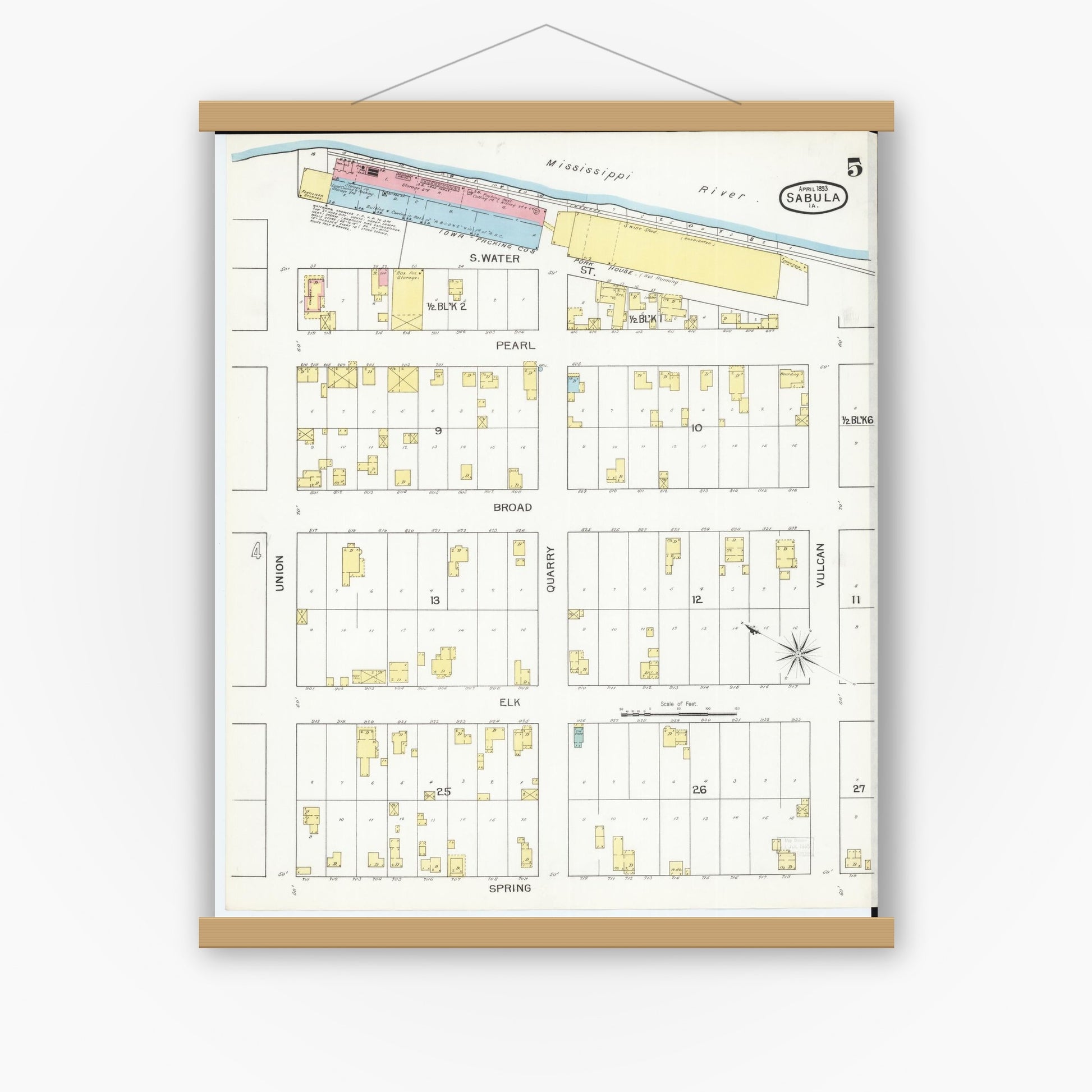 Old map wall art mockup — magnetic wood frame on white wall — Sanborn Fire Insurance Map from Sabula, Jackson County, Iowa (1893), Sheet #0005