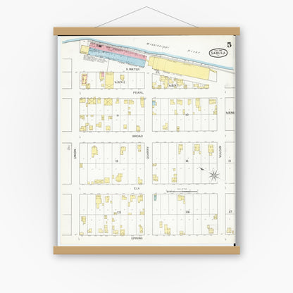 Old map wall art mockup — magnetic wood frame on white wall — Sanborn Fire Insurance Map from Sabula, Jackson County, Iowa (1893), Sheet #0005
