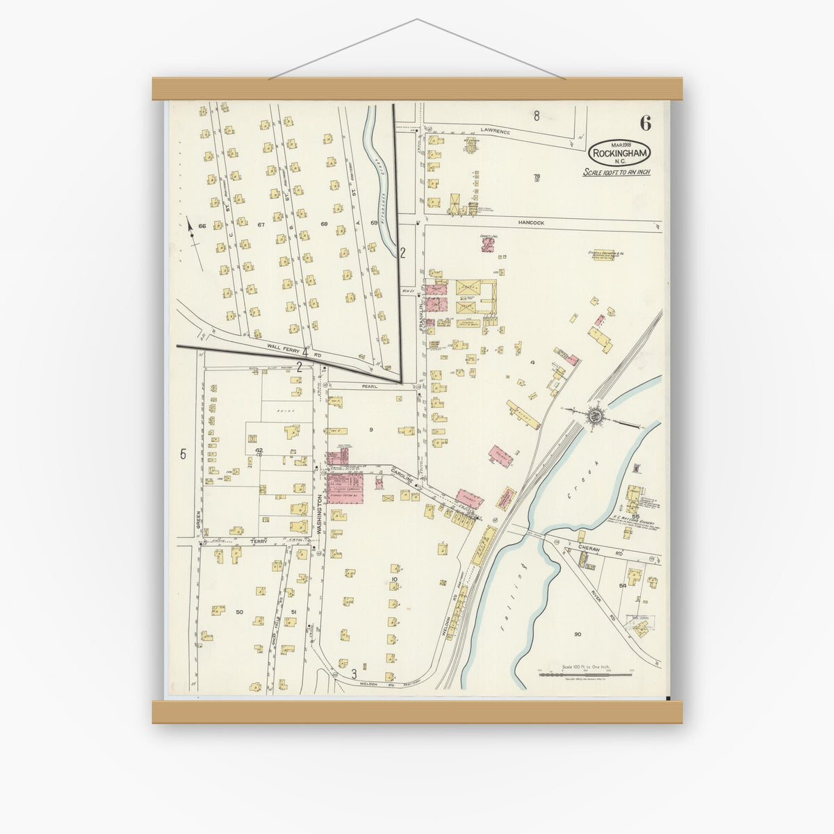 Old map wall art mockup — magnetic wood frame on white wall — Sanborn Fire Insurance Map from Rockingham, Richmond County, North Carolina (1918), Sheet #0006