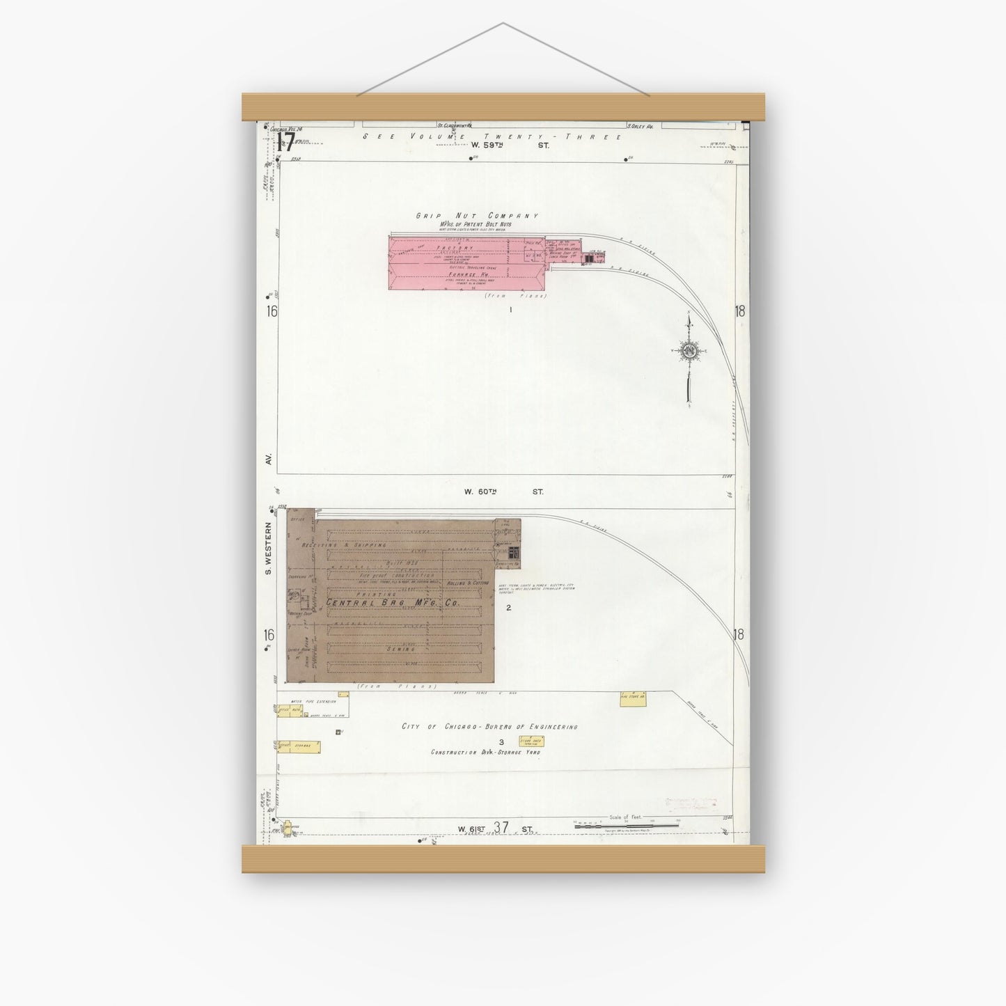 Old map wall art mockup — magnetic wood frame on white wall — Sanborn Fire Insurance Map from Chicago, Cook County, Illinois (1920), Sheet #0017