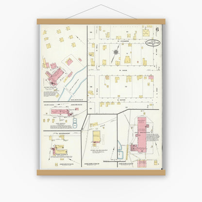 Old map wall art mockup — magnetic wood frame on white wall — Sanborn Fire Insurance Map from Lincolnton, Lincoln County, North Carolina (1911), Sheet #0006