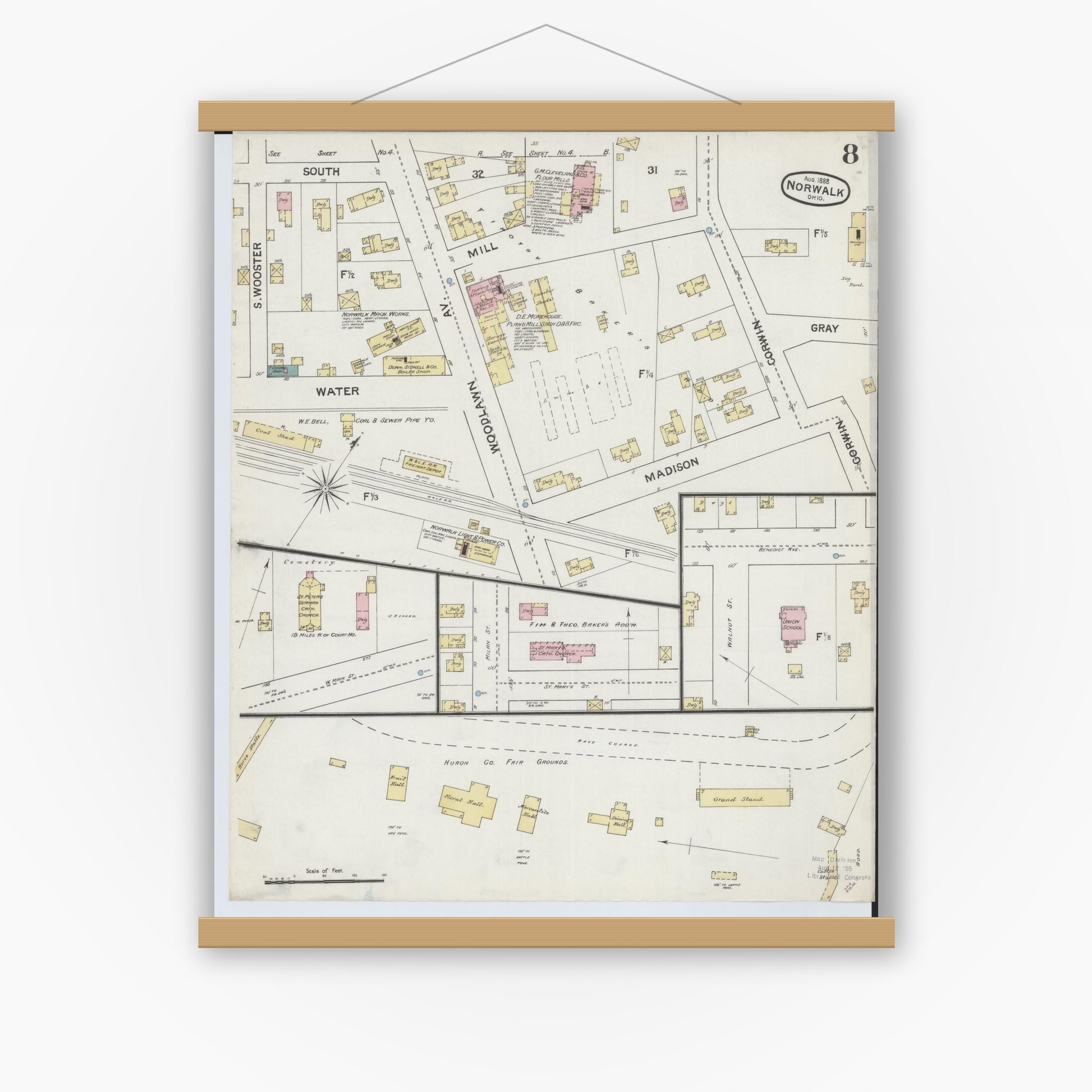 Old map wall art mockup — magnetic wood frame on white wall — Sanborn Fire Insurance Map from Norwalk, Huron County, Ohio (1888), Sheet #0008