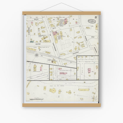 Old map wall art mockup — magnetic wood frame on white wall — Sanborn Fire Insurance Map from Norwalk, Huron County, Ohio (1888), Sheet #0008