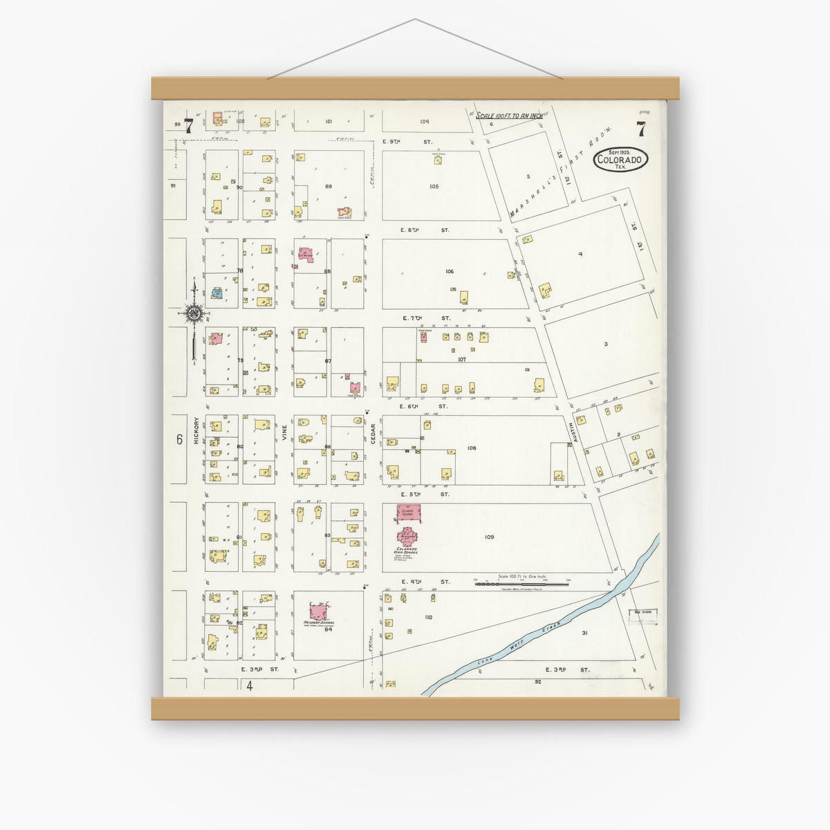 Old map wall art mockup — magnetic wood frame on white wall — Sanborn Fire Insurance Map from Colorado, Mitchell County, Texas (1925), Sheet #0007