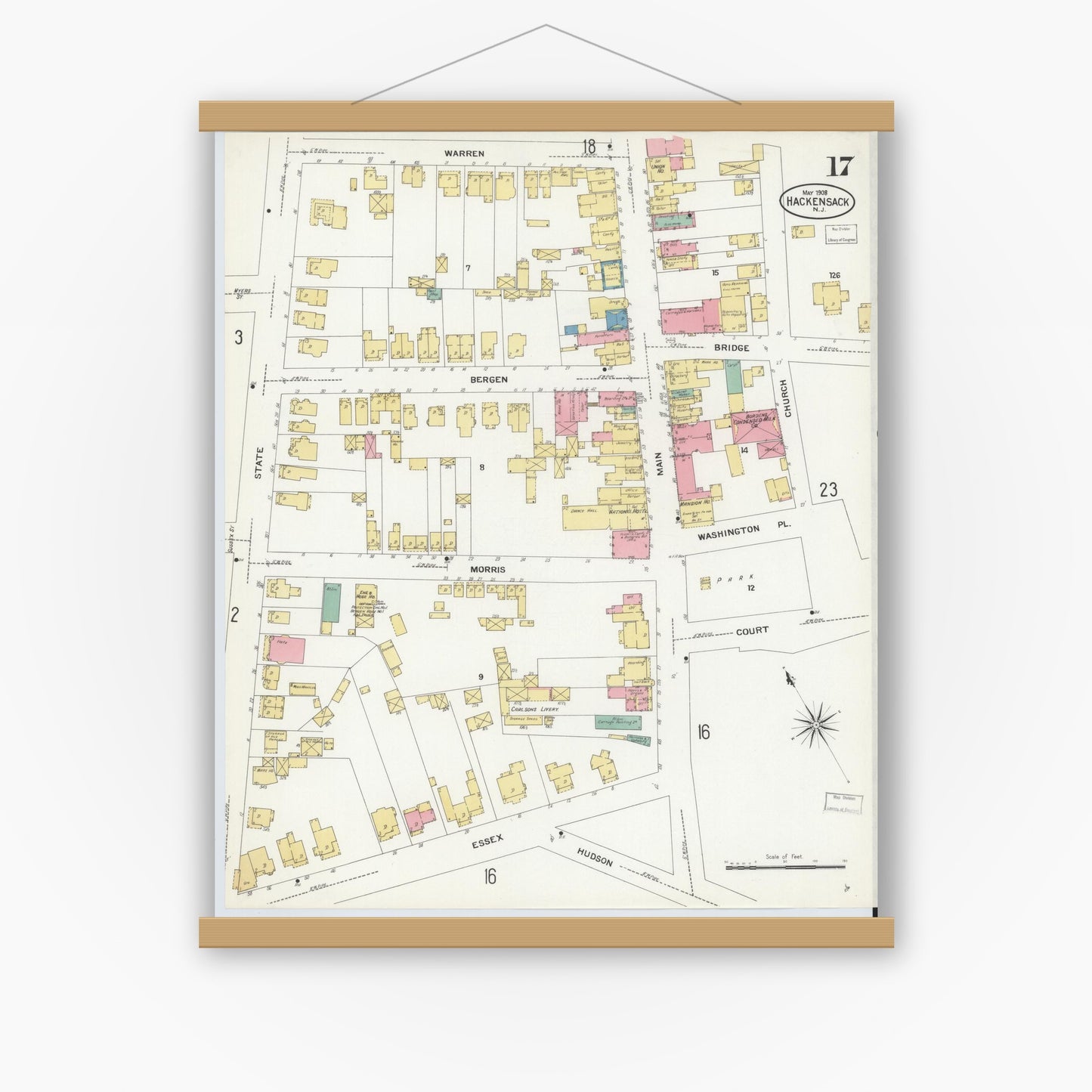 Old map wall art mockup — magnetic wood frame on white wall — Sanborn Fire Insurance Map from Hackensack, Bergen County, New Jersey (1908), Sheet #0017