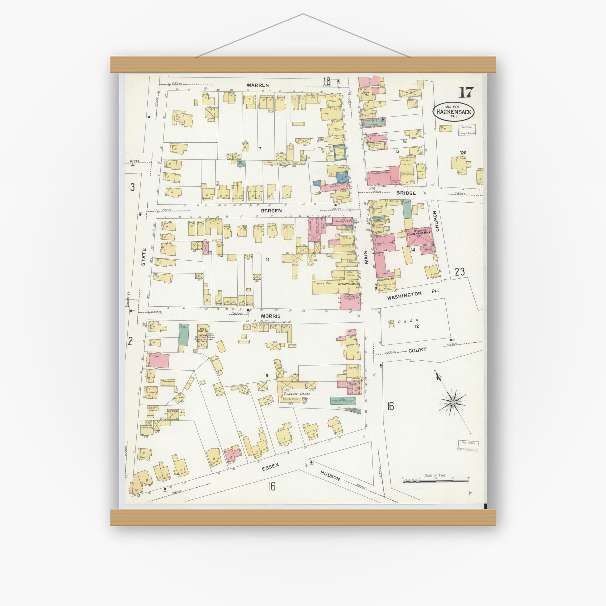 Old map wall art mockup — magnetic wood frame on white wall — Sanborn Fire Insurance Map from Hackensack, Bergen County, New Jersey (1908), Sheet #0017