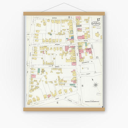 Old map wall art mockup — magnetic wood frame on white wall — Sanborn Fire Insurance Map from Hackensack, Bergen County, New Jersey (1908), Sheet #0017