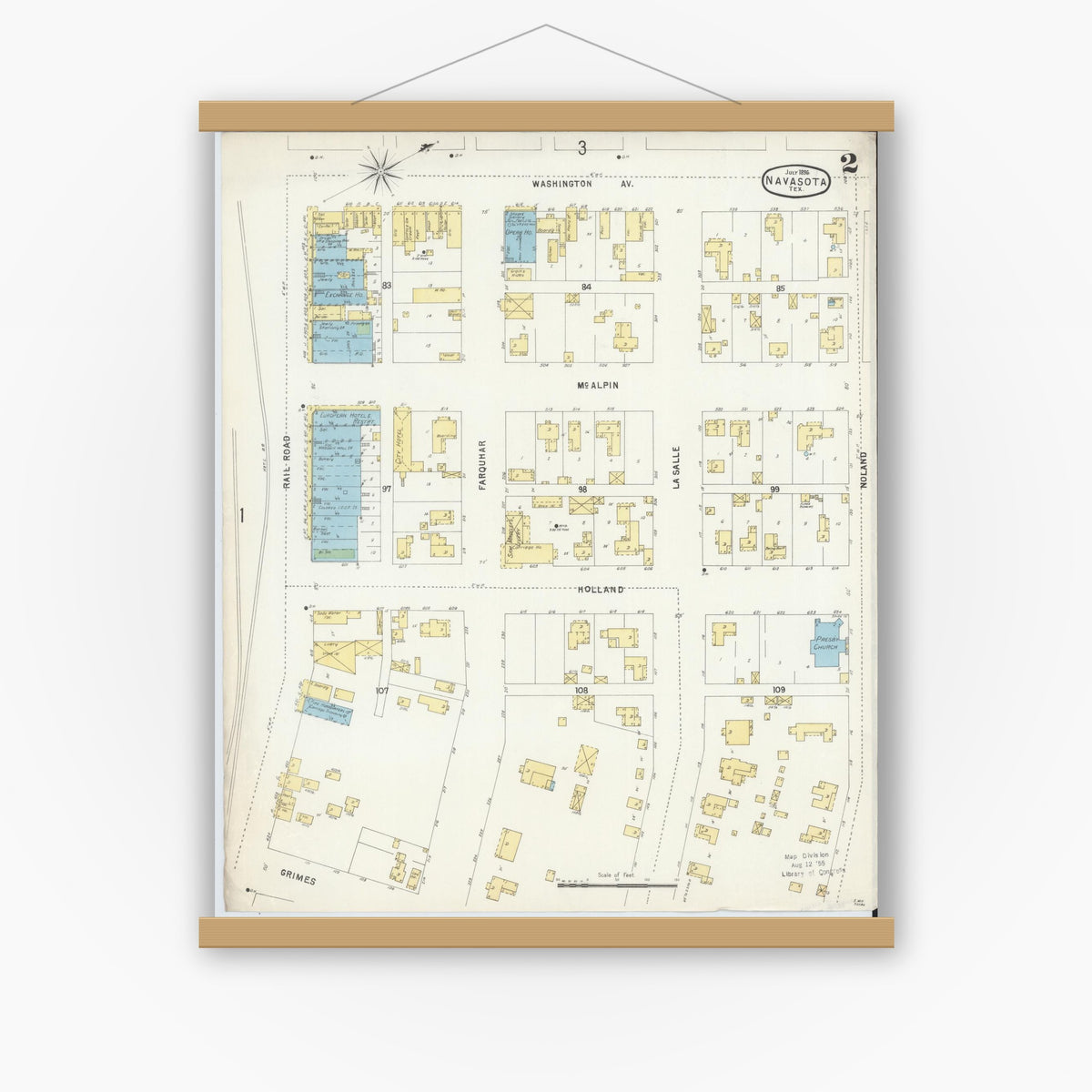 Old map wall art mockup — magnetic wood frame on white wall — Sanborn Fire Insurance Map from Navasota, Grimes County, Texas (1896), Sheet #0002