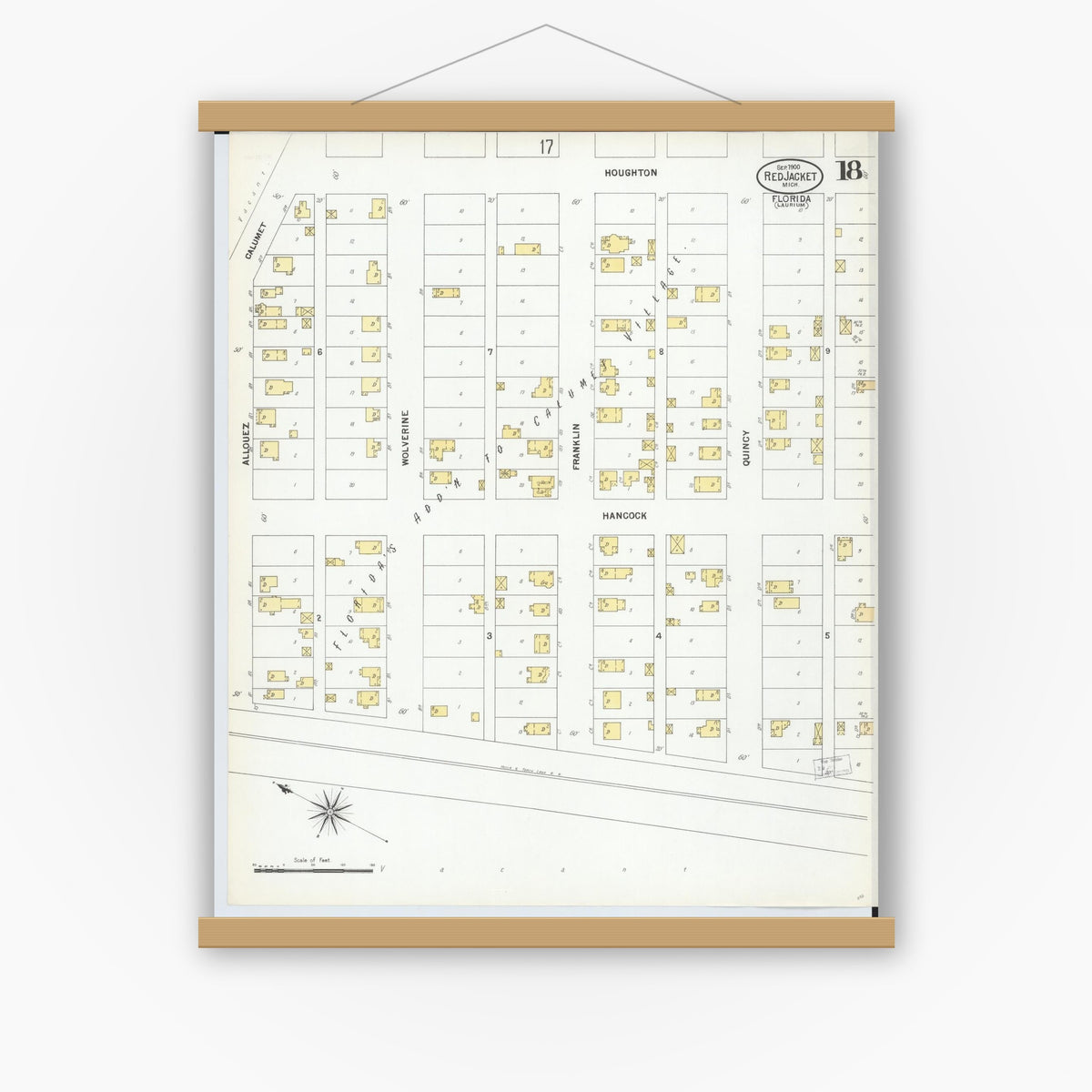 Old map wall art mockup — magnetic wood frame on white wall — Sanborn Fire Insurance Map from Red Jacket, Houghton County, Michigan (1900), Sheet #0018