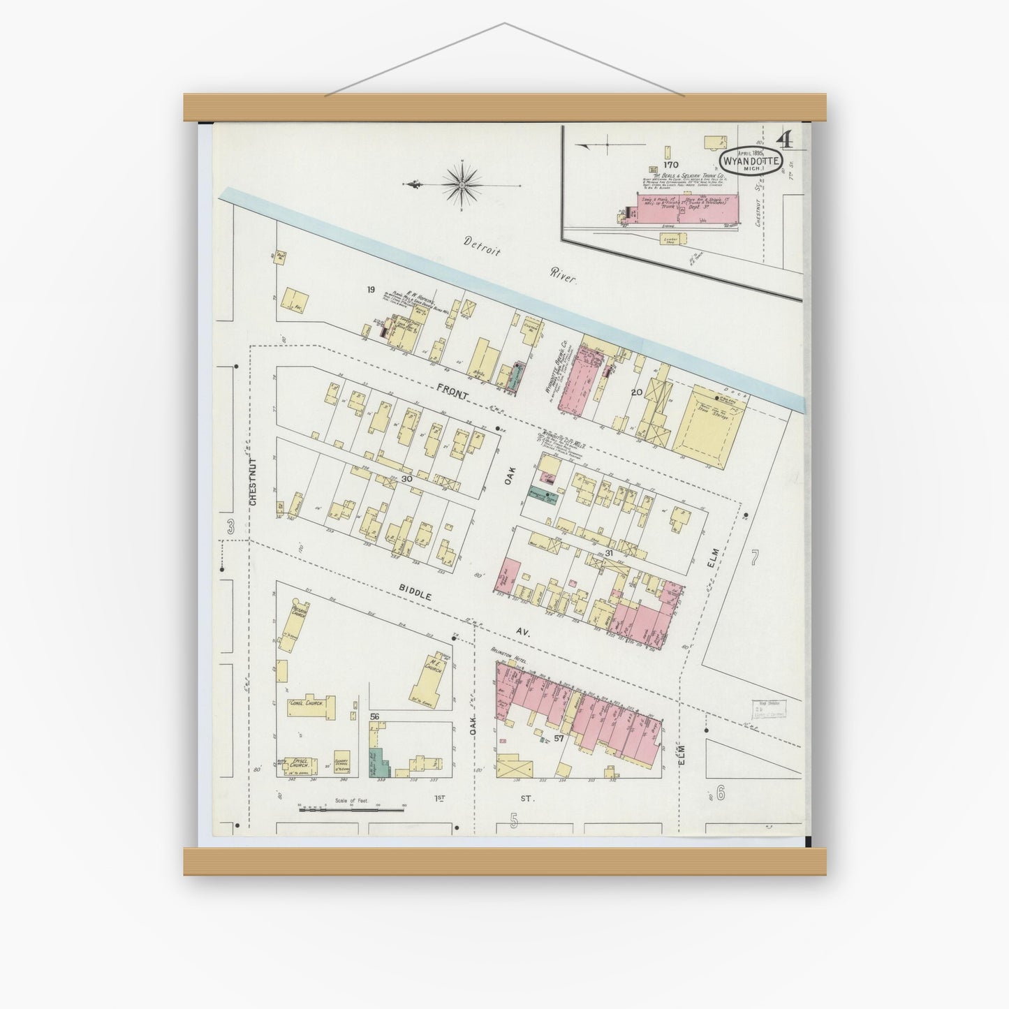 Old map wall art mockup — magnetic wood frame on white wall — Sanborn Fire Insurance Map from Wyandotte, Wayne County, Michigan (1895), Sheet #0004
