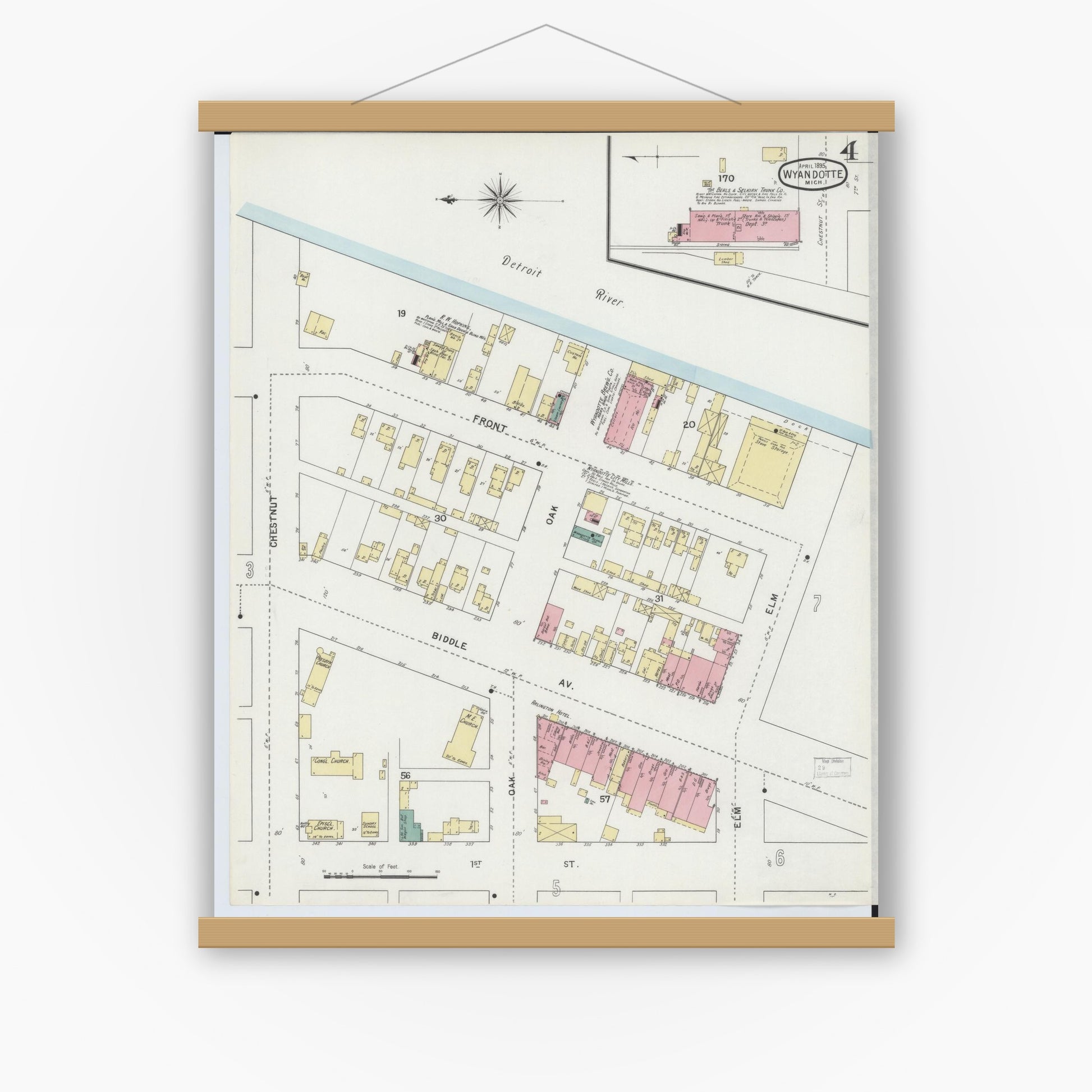Old map wall art mockup — magnetic wood frame on white wall — Sanborn Fire Insurance Map from Wyandotte, Wayne County, Michigan (1895), Sheet #0004
