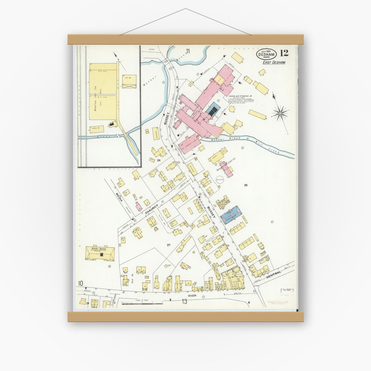 Old map wall art mockup — magnetic wood frame on white wall — Sanborn Fire Insurance Map from Dedham, Norfolk County, Massachusetts (1909), Sheet #0012