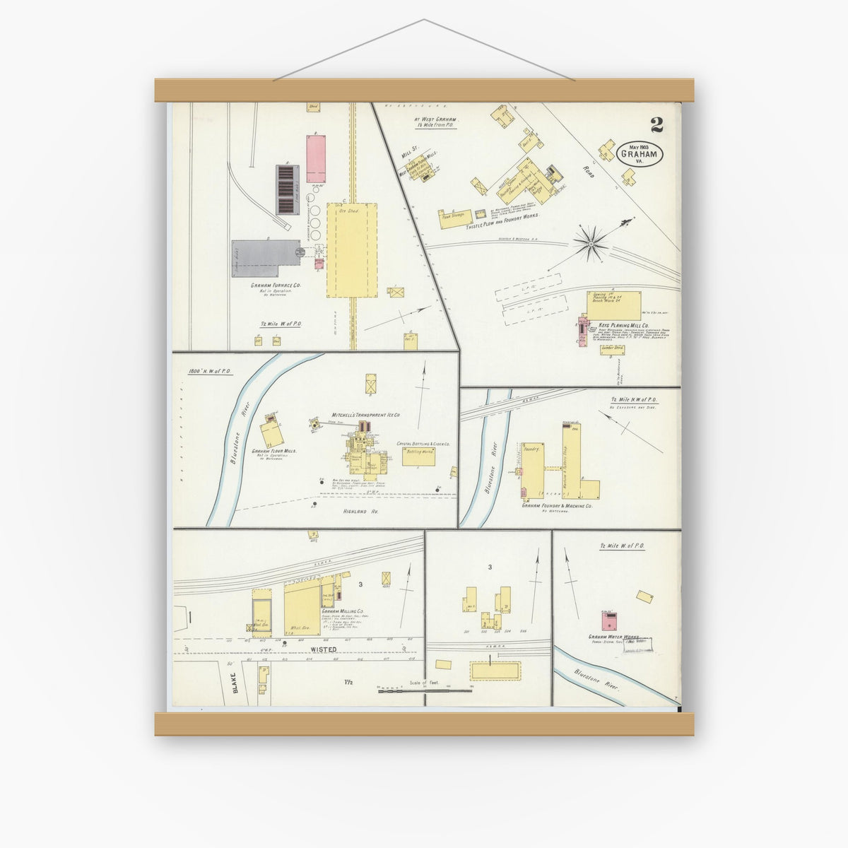 Old map wall art mockup — magnetic wood frame on white wall — Sanborn Fire Insurance Map from Graham, Tazewell County, Virginia (1903), Sheet #0002