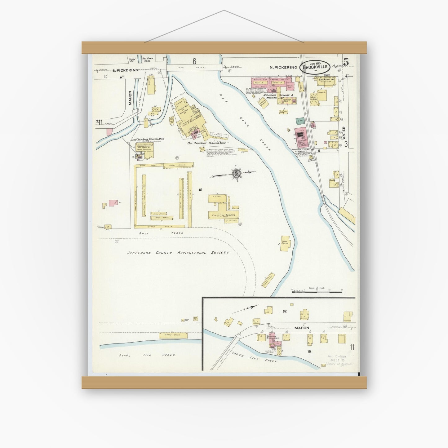Old map wall art mockup — magnetic wood frame on white wall — Sanborn Fire Insurance Map from Brookville, Jefferson County, Pennsylvania (1910), Sheet #0005
