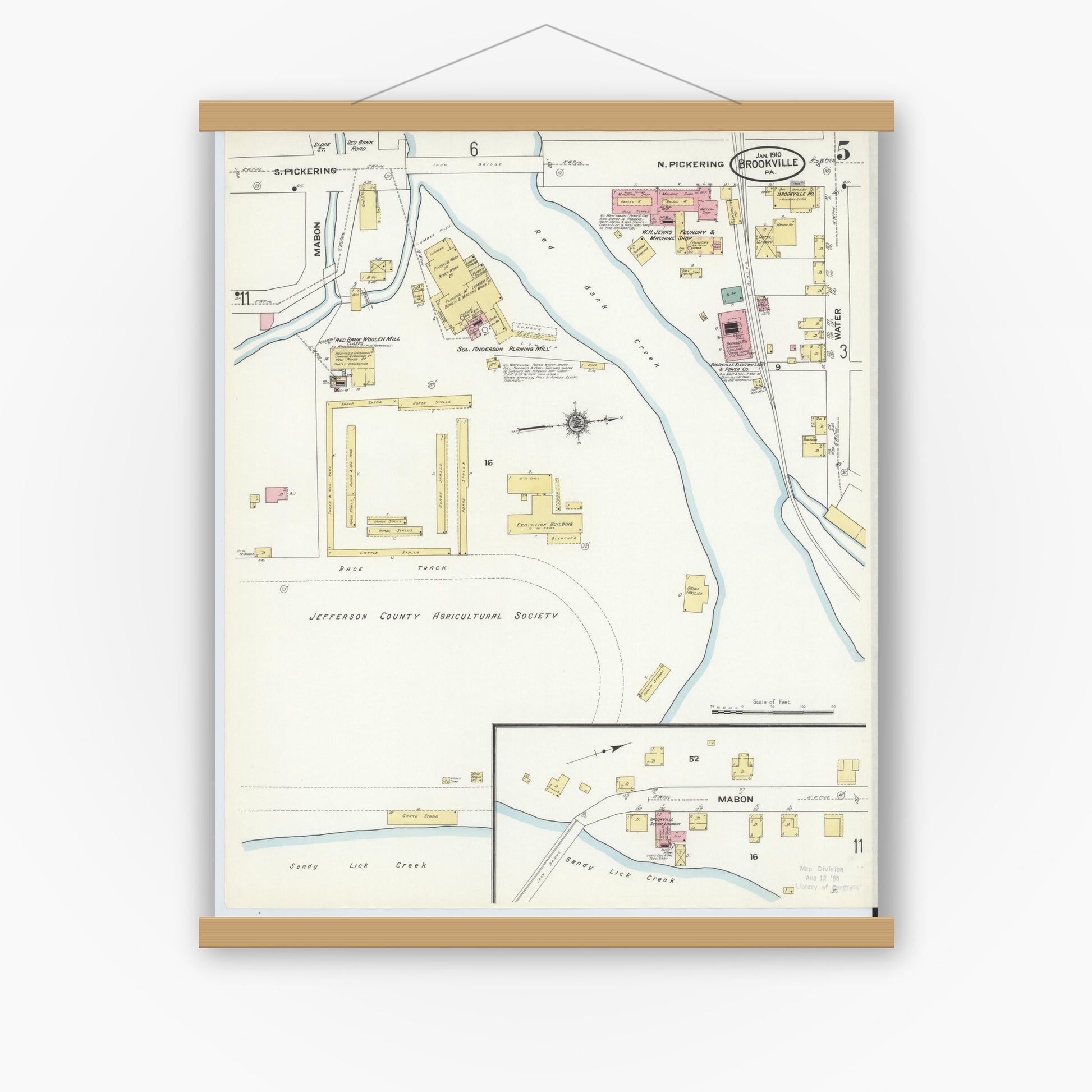 Old map wall art mockup — magnetic wood frame on white wall — Sanborn Fire Insurance Map from Brookville, Jefferson County, Pennsylvania (1910), Sheet #0005