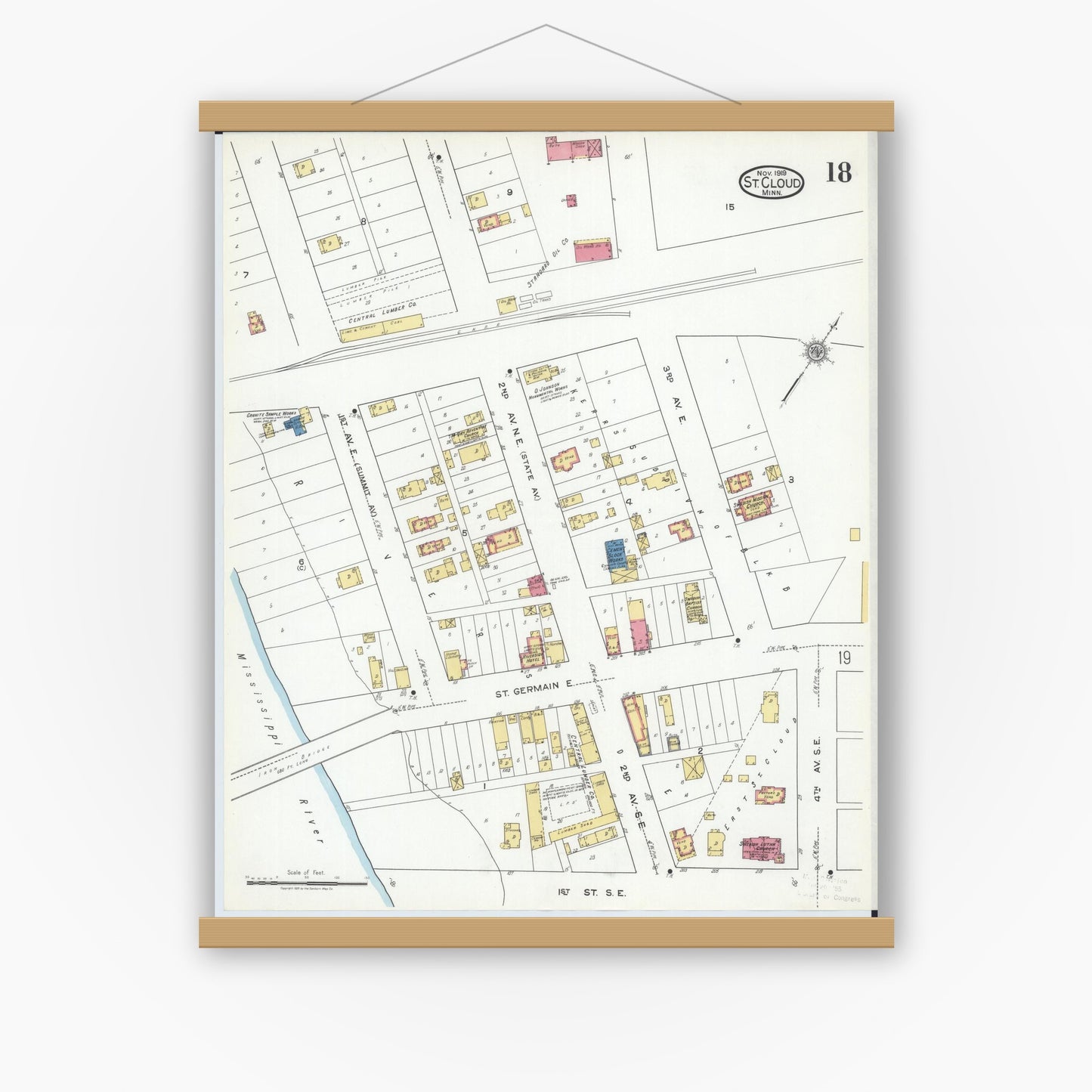 Old map wall art mockup — magnetic wood frame on white wall — Sanborn Fire Insurance Map from Saint Cloud, Stearns, Benton, and Sherburne Counties, Minnesota (1919), Sheet #0018