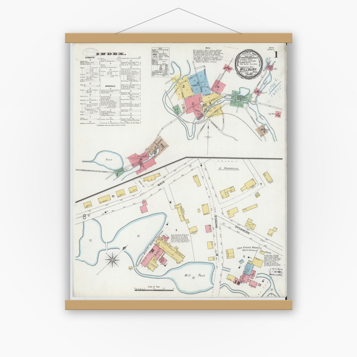 Old map wall art mockup — magnetic wood frame on white wall — Sanborn Fire Insurance Map from Millbury, Worcester County, Massachusetts (1899) - Complete Map Set