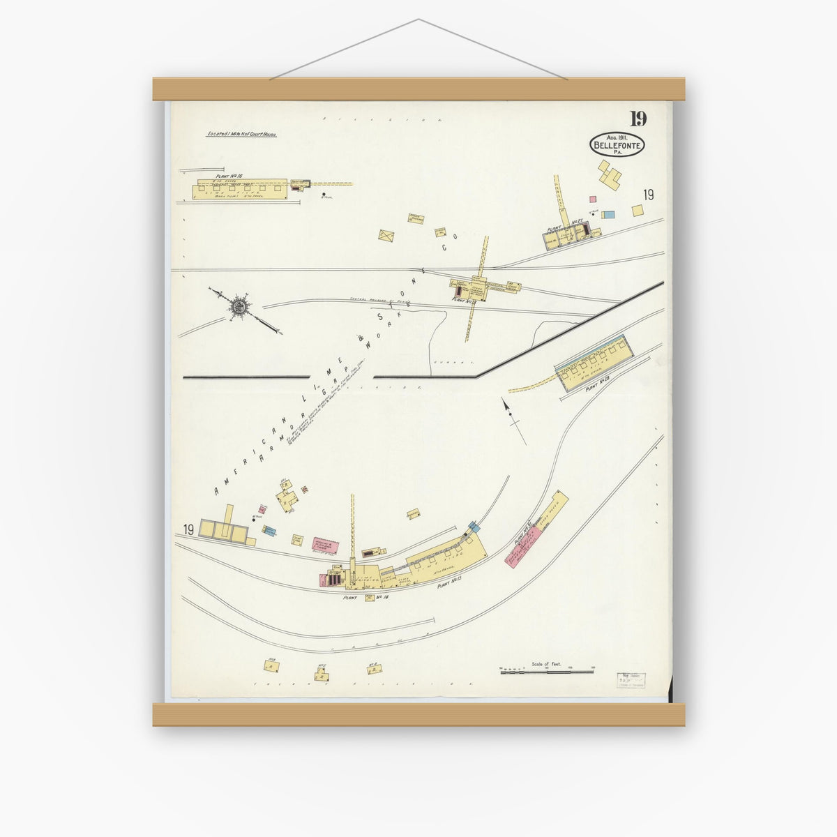 Old map wall art mockup — magnetic wood frame on white wall — Sanborn Fire Insurance Map from Bellefonte, Centre County, Pennsylvania (1911), Sheet #0019