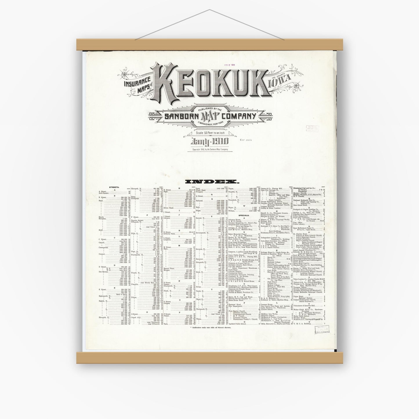 Old map wall art mockup — magnetic wood frame on white wall — Sanborn Fire Insurance Map from Keokuk, Lee County, Iowa (1910), Sheet #0001