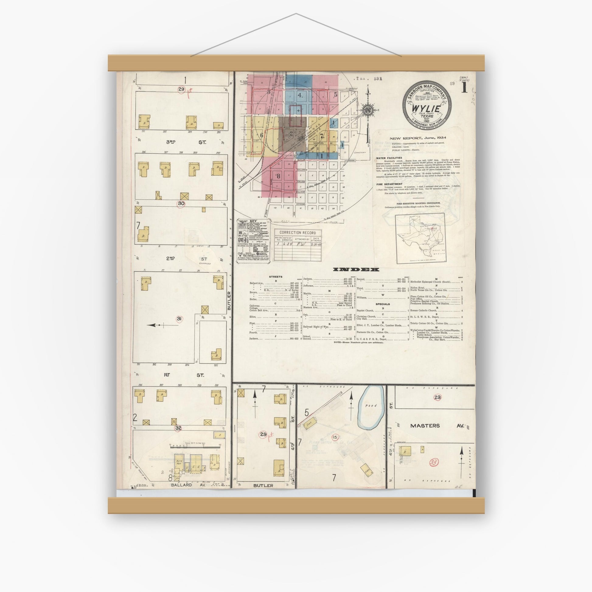 Old map wall art mockup — magnetic wood frame on white wall — Sanborn Fire Insurance Map from Wylie, Collin County, Texas (1934), Sheet #0001