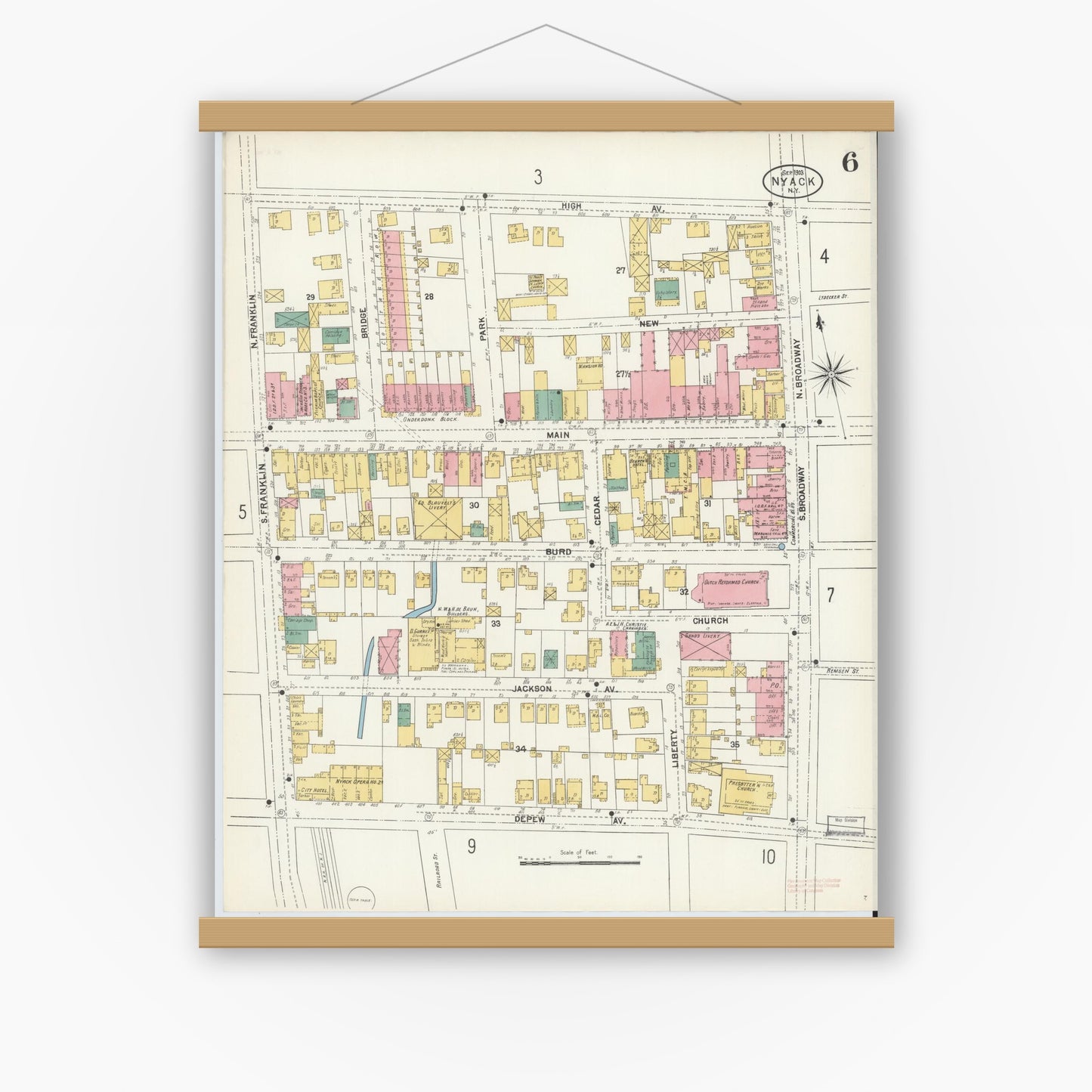Old map wall art mockup — magnetic wood frame on white wall — Sanborn Fire Insurance Map from Nyack, Rockland County, New York. (1903), Sheet #0006