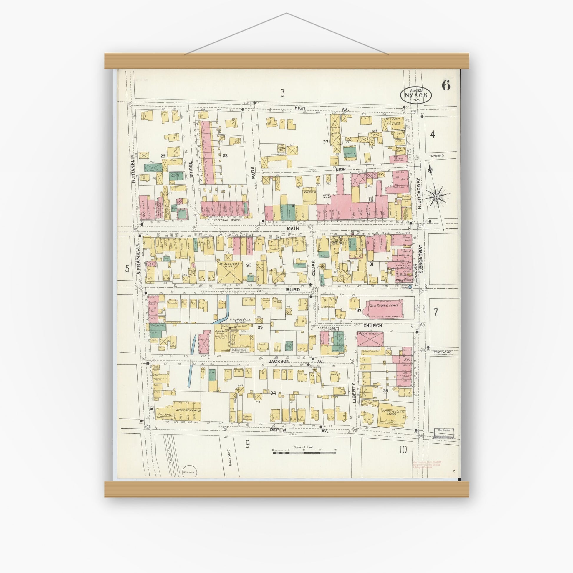 Old map wall art mockup — magnetic wood frame on white wall — Sanborn Fire Insurance Map from Nyack, Rockland County, New York. (1903), Sheet #0006