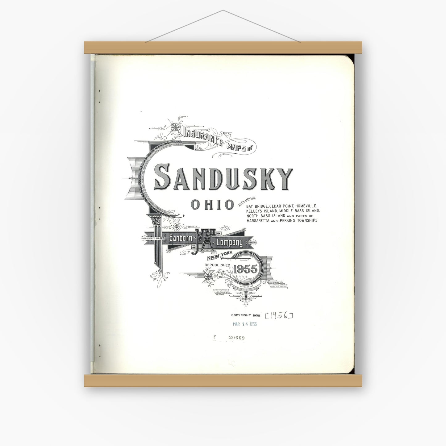 Old map wall art mockup — magnetic wood frame on white wall — Sanborn Fire Insurance Map from Sandusky, Erie County, Ohio (1955), Sheet #0001