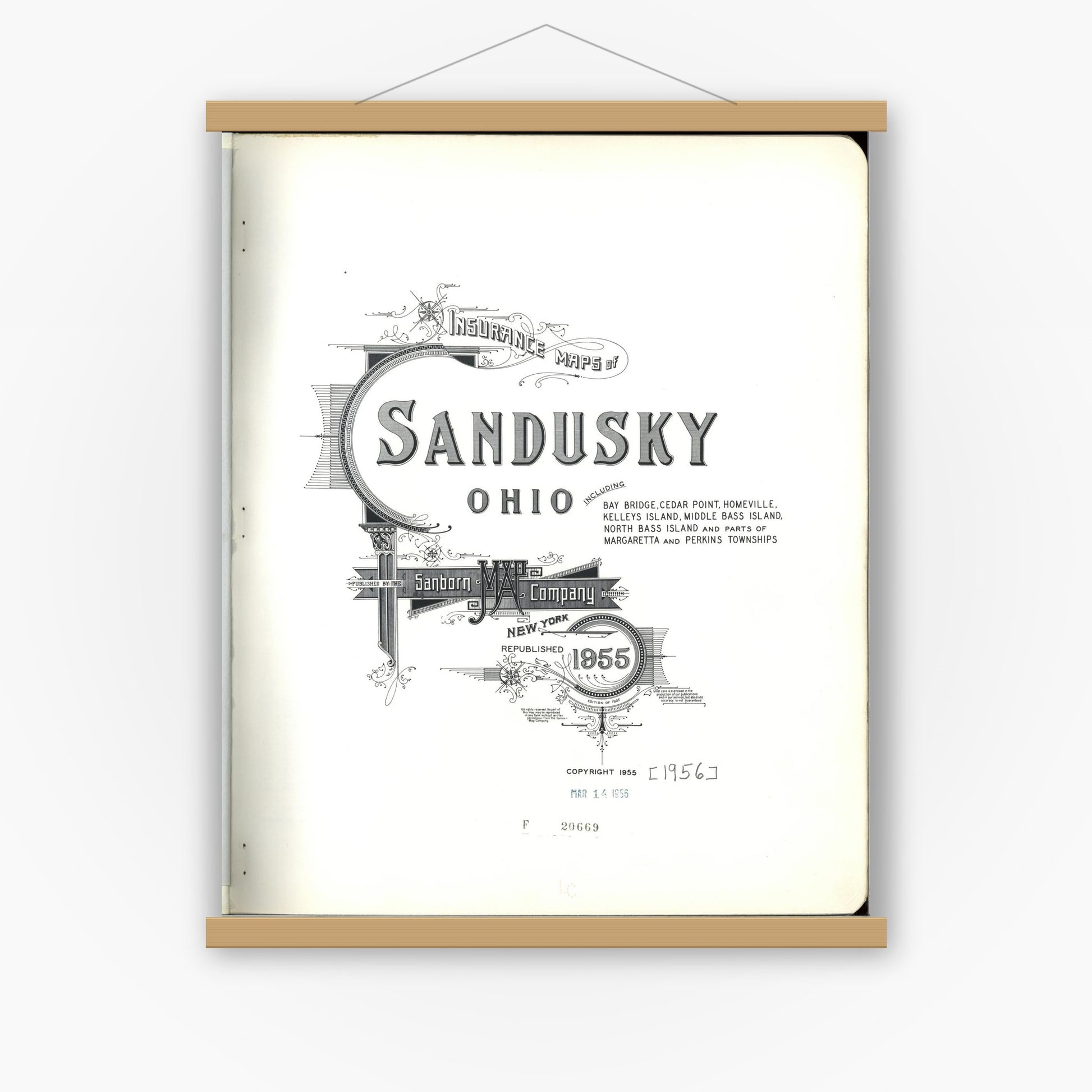 Old map wall art mockup — magnetic wood frame on white wall — Sanborn Fire Insurance Map from Sandusky, Erie County, Ohio (1955), Sheet #0001