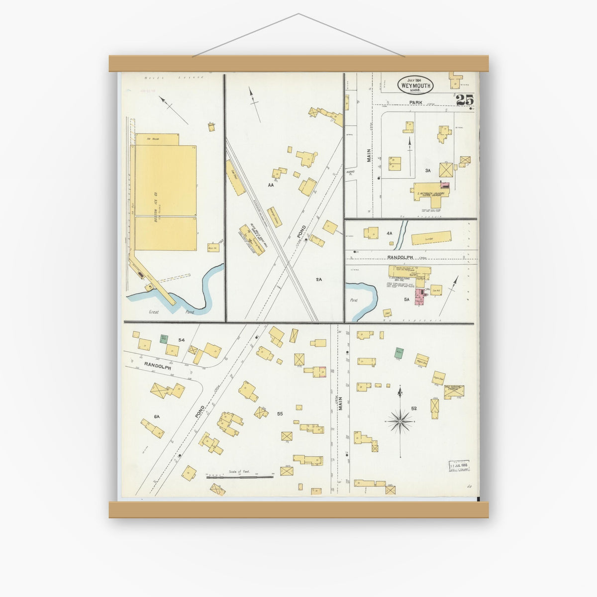 Old map wall art mockup — magnetic wood frame on white wall — Sanborn Fire Insurance Map from Weymouth, Norfolk County, Massachusetts (1904), Sheet #0025