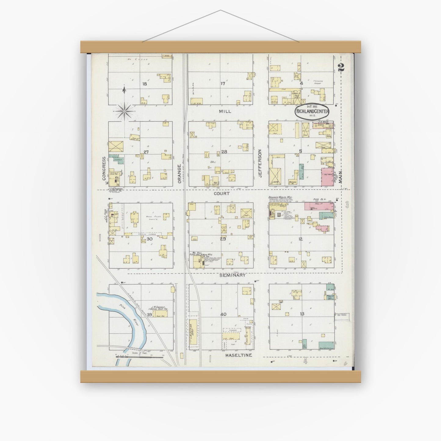 Old map wall art mockup — magnetic wood frame on white wall — Sanborn Fire Insurance Map from Richland Center, Richland County, Wisconsin (1892), Sheet #0002