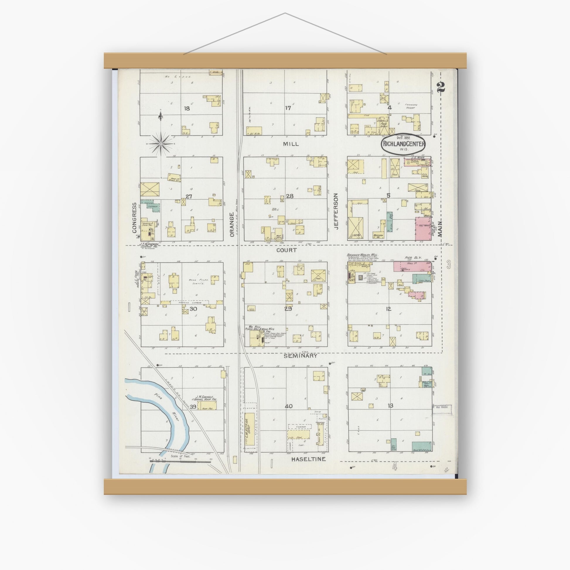 Old map wall art mockup — magnetic wood frame on white wall — Sanborn Fire Insurance Map from Richland Center, Richland County, Wisconsin (1892), Sheet #0002