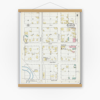 Old map wall art mockup — magnetic wood frame on white wall — Sanborn Fire Insurance Map from Richland Center, Richland County, Wisconsin (1892), Sheet #0002