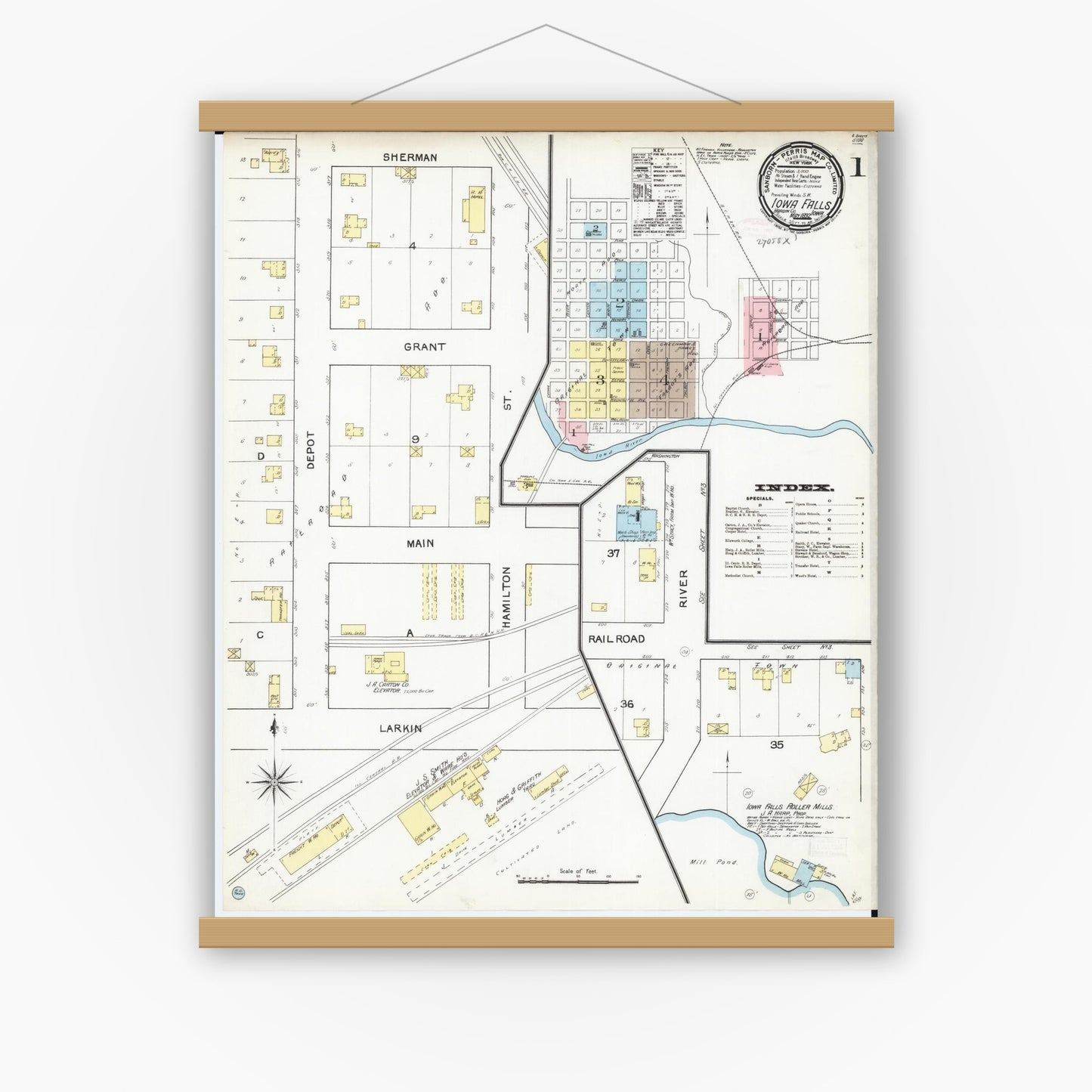 Old map wall art mockup — magnetic wood frame on white wall — Sanborn Fire Insurance Map from Iowa Falls, Hardin County, Iowa (1892) â€” Complete Set