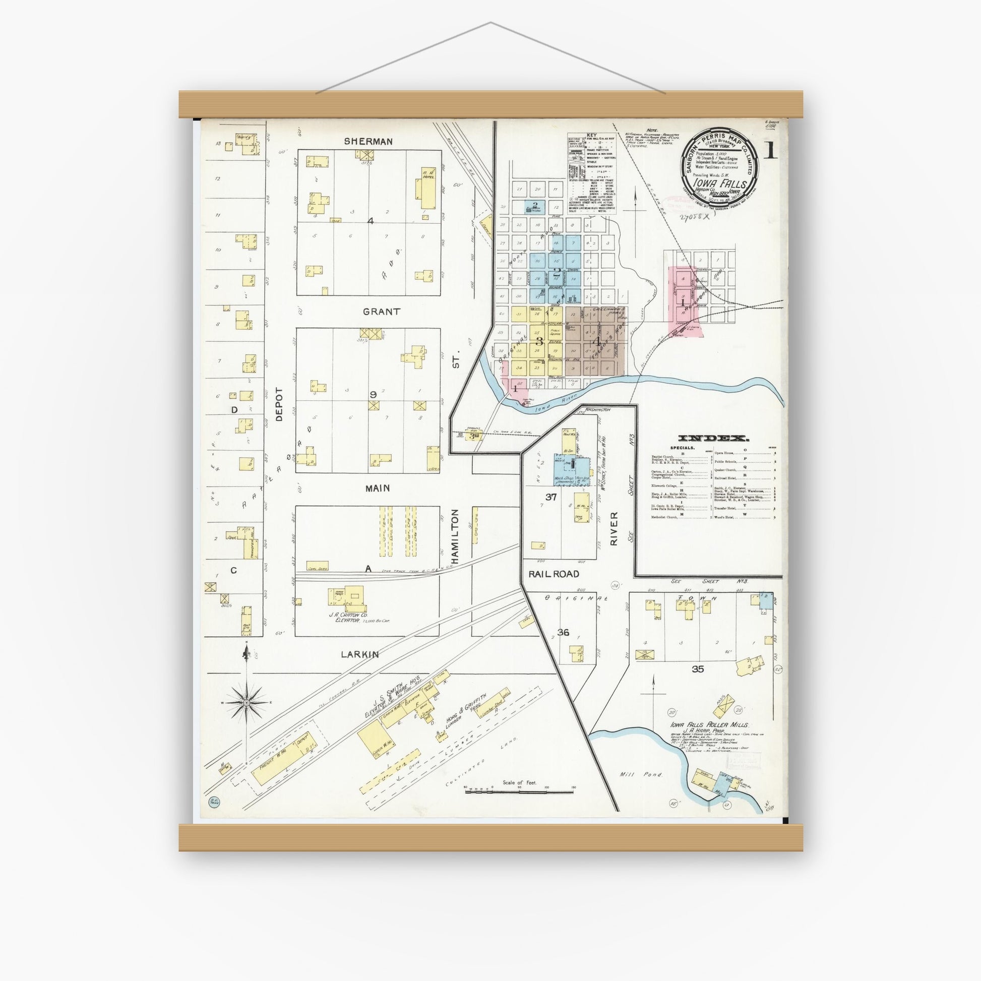 Old map wall art mockup — magnetic wood frame on white wall — Sanborn Fire Insurance Map from Iowa Falls, Hardin County, Iowa (1892) â€” Complete Set