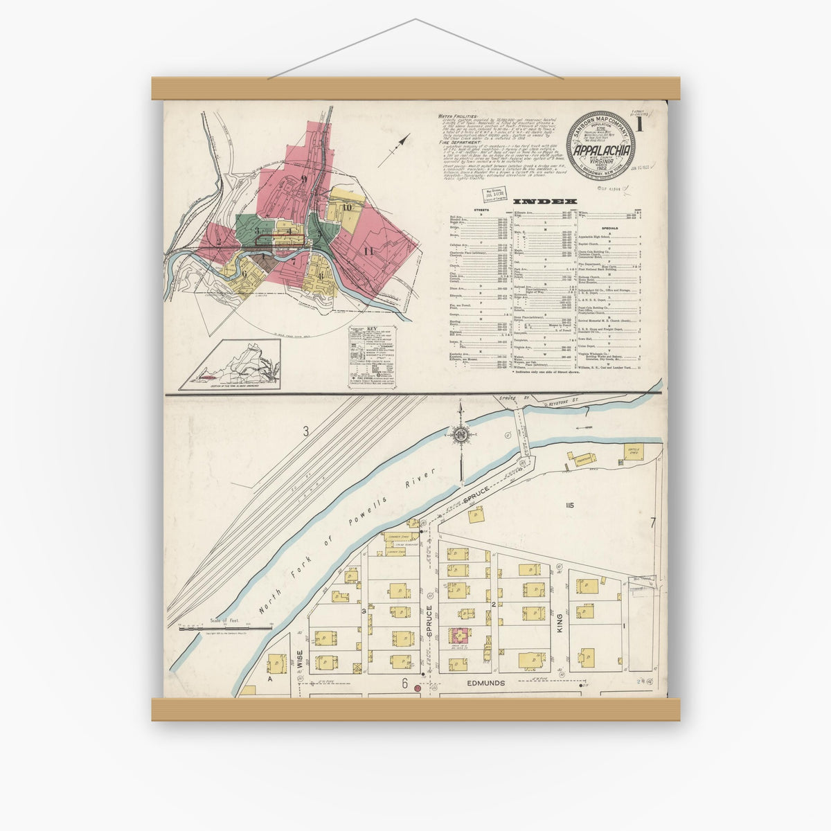 Old map wall art mockup — magnetic wood frame on white wall — Sanborn Fire Insurance Map from Appalachia, Wise County, Virginia (1922), Sheet #0001