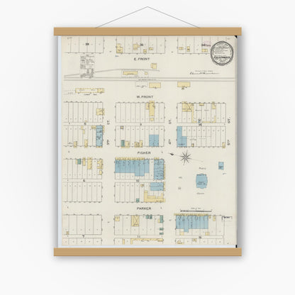 Old map wall art mockup — magnetic wood frame on white wall — Sanborn Fire Insurance Map from Goldthwaite, Mills County, Texas (1894), Sheet #0001