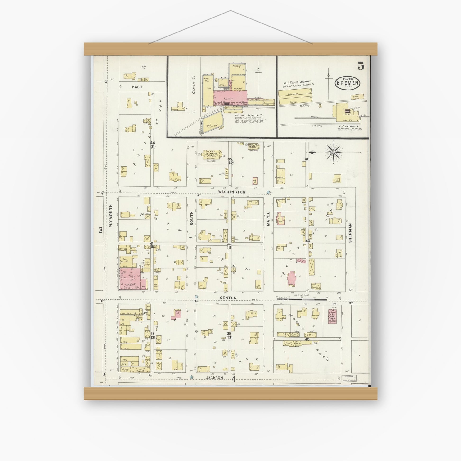 Old map wall art mockup — magnetic wood frame on white wall — Sanborn Fire Insurance Map from Bremen, Marshall County, Indiana (1898), Sheet #0005