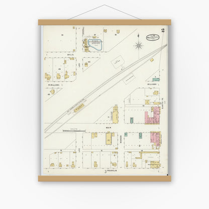 Old map wall art mockup — magnetic wood frame on white wall — Sanborn Fire Insurance Map from Wolfe City, Hunt County, Texas (1896), Sheet #0002