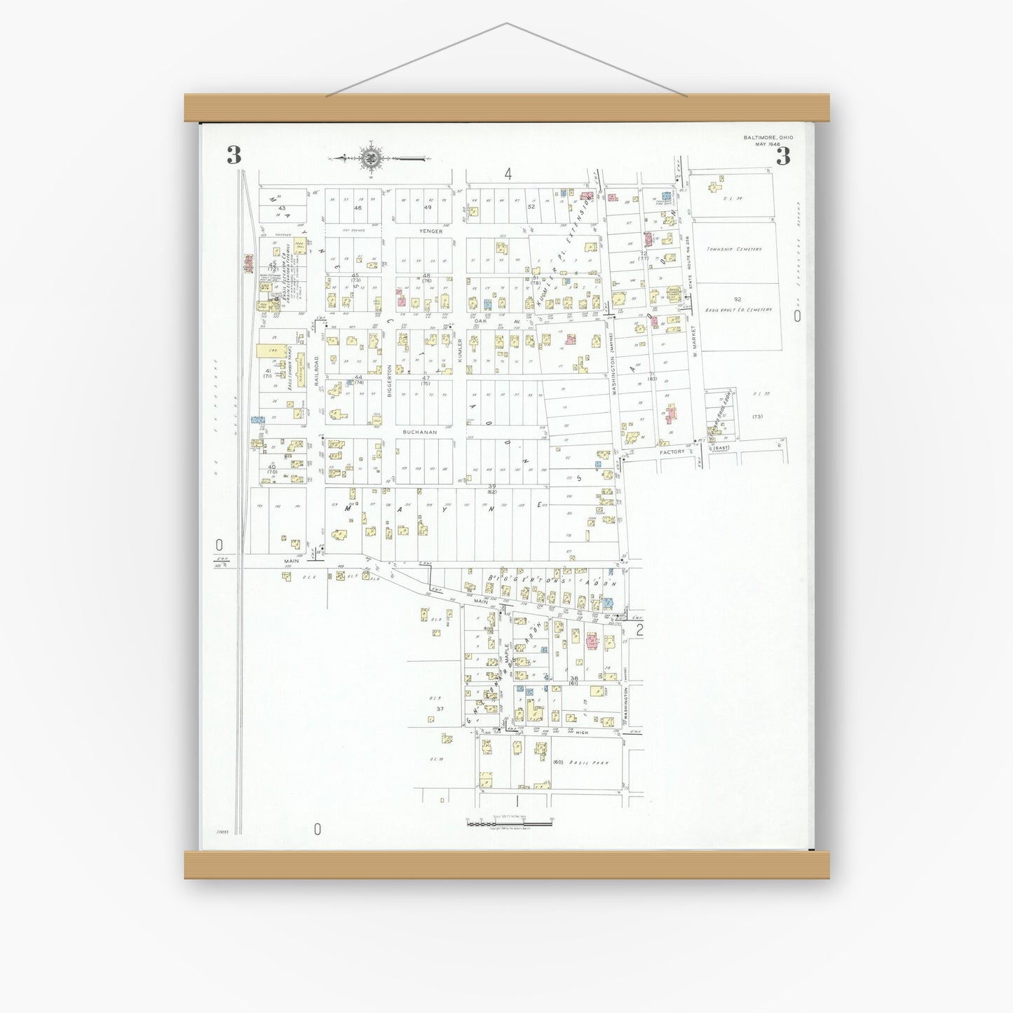 Old map wall art mockup — magnetic wood frame on white wall — Sanborn Fire Insurance Map from Baltimore, Fairfield County, Ohio (1946), Sheet #0003