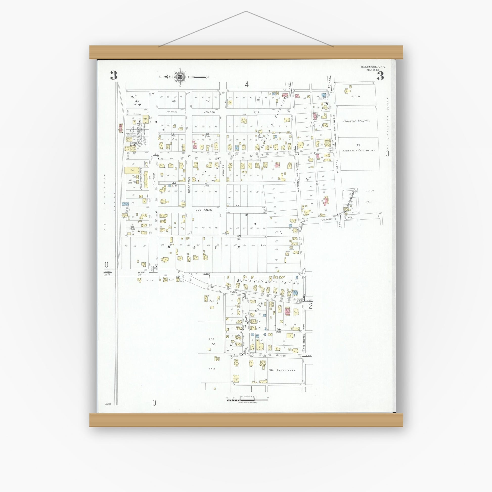Old map wall art mockup — magnetic wood frame on white wall — Sanborn Fire Insurance Map from Baltimore, Fairfield County, Ohio (1946), Sheet #0003