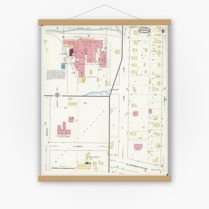 Old map wall art mockup — magnetic wood frame on white wall — Sanborn Fire Insurance Map from Morris, Grundy County, Illinois (1916), Sheet #0009