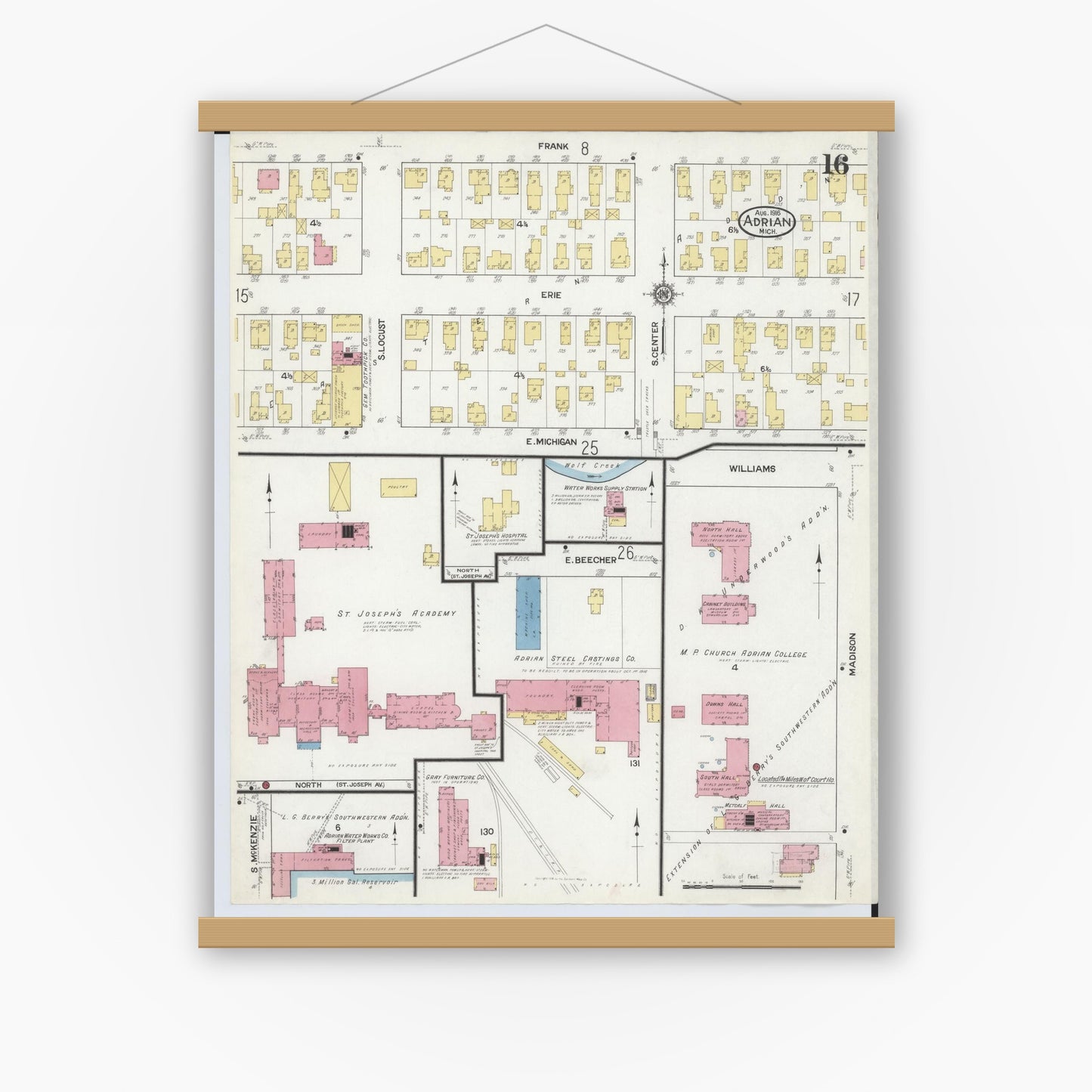 Old map wall art mockup — magnetic wood frame on white wall — Sanborn Fire Insurance Map from Adrian, Lenawee County, Michigan (1916), Sheet #0016