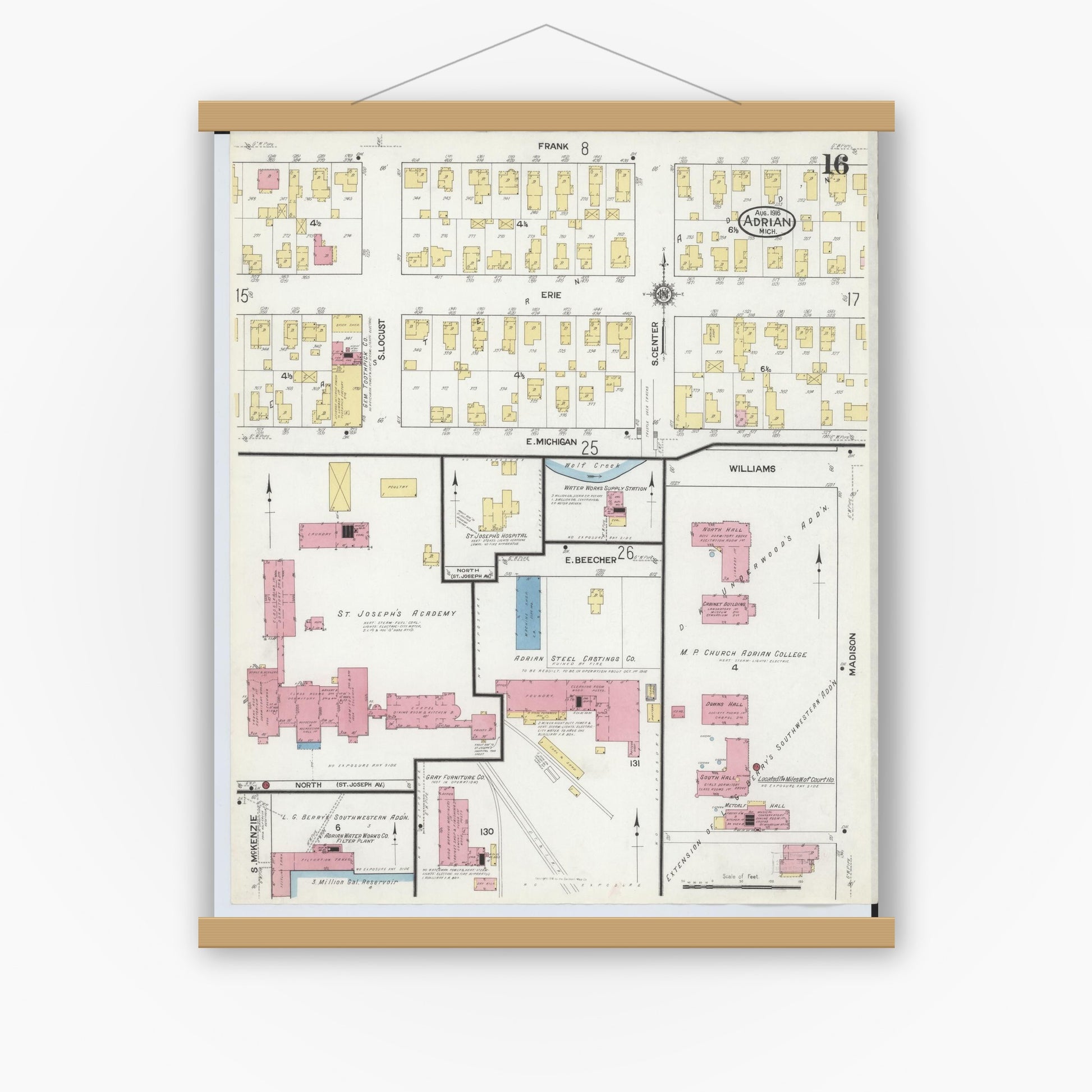 Old map wall art mockup — magnetic wood frame on white wall — Sanborn Fire Insurance Map from Adrian, Lenawee County, Michigan (1916), Sheet #0016