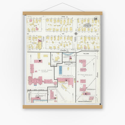 Old map wall art mockup — magnetic wood frame on white wall — Sanborn Fire Insurance Map from Adrian, Lenawee County, Michigan (1916), Sheet #0016
