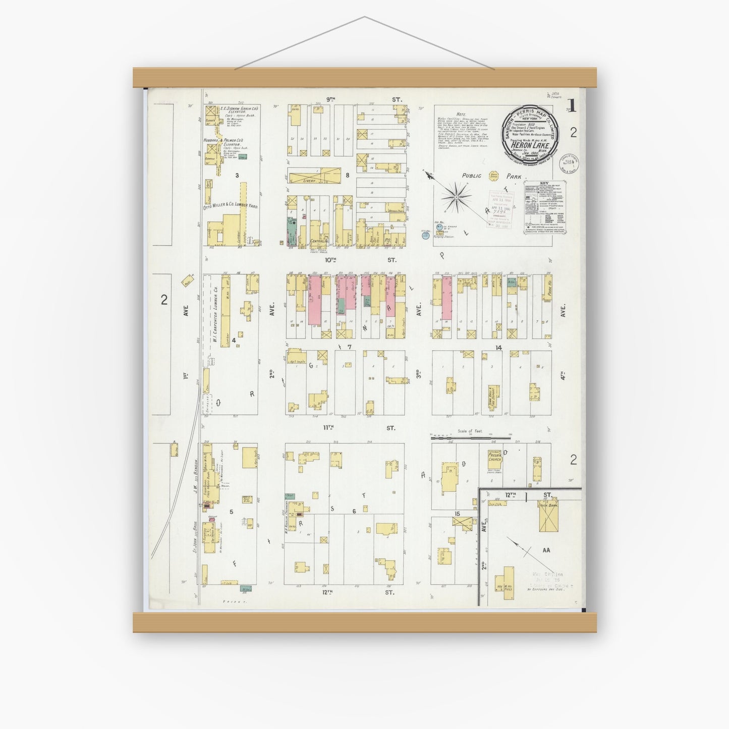 Old map wall art mockup — magnetic wood frame on white wall — Sanborn Fire Insurance Map from Heron Lake, Jackson County, Minnesota (1900), Sheet #0001